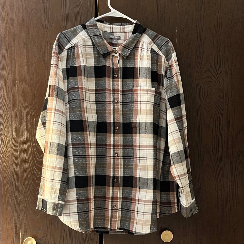 Falls Creek long sleeved cream, black and brown checked blouse. Size 3X. NWOT